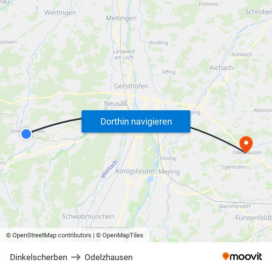 Dinkelscherben to Odelzhausen map