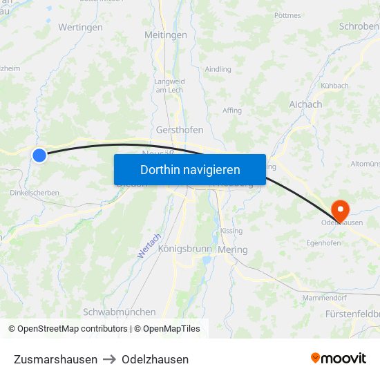 Zusmarshausen to Odelzhausen map