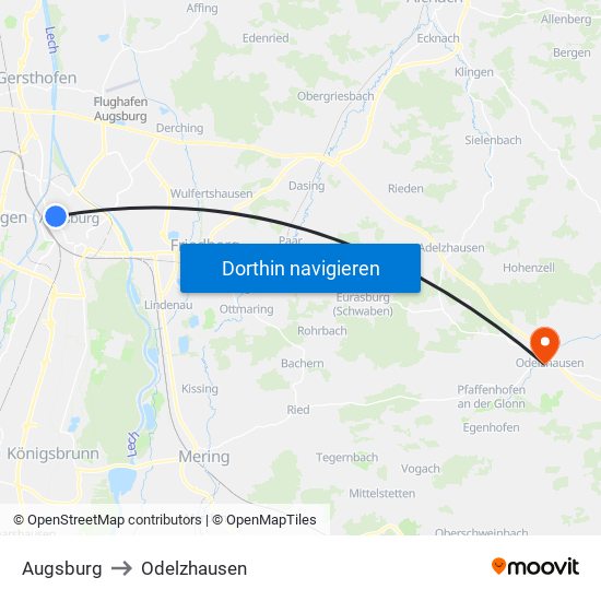 Augsburg to Odelzhausen map