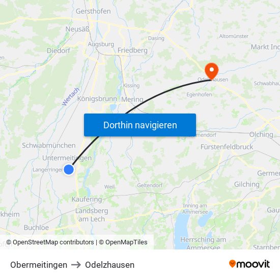 Obermeitingen to Odelzhausen map