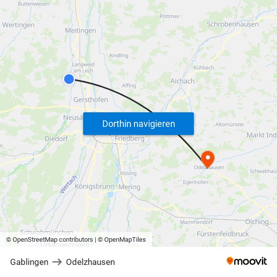 Gablingen to Odelzhausen map