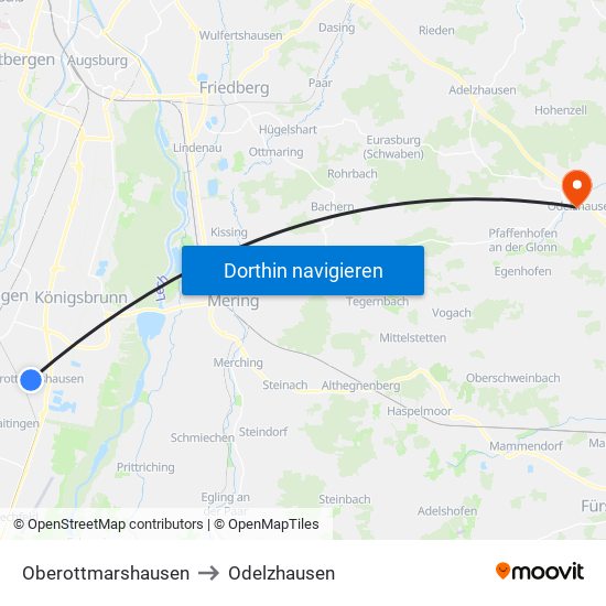 Oberottmarshausen to Odelzhausen map