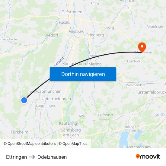 Ettringen to Odelzhausen map