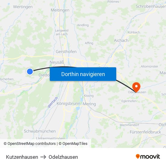 Kutzenhausen to Odelzhausen map