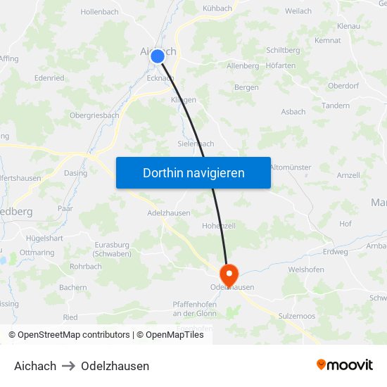 Aichach to Odelzhausen map