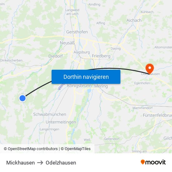 Mickhausen to Odelzhausen map
