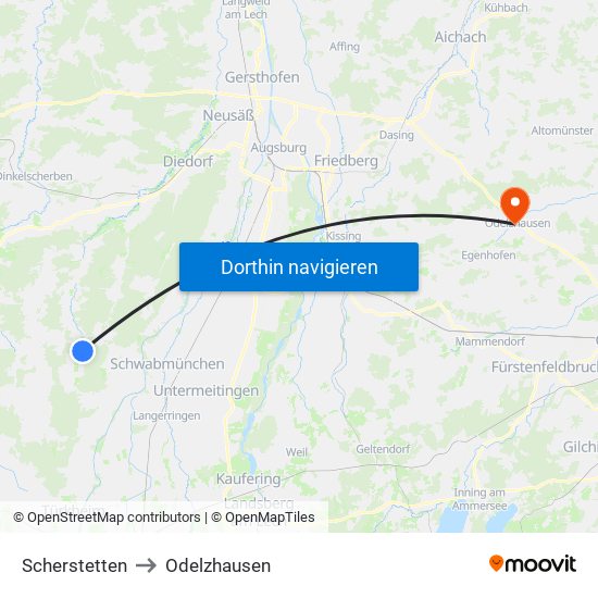 Scherstetten to Odelzhausen map