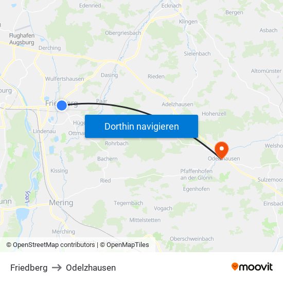 Friedberg to Odelzhausen map