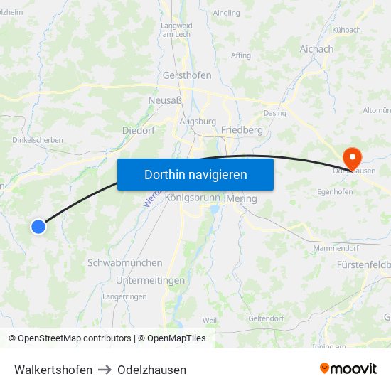 Walkertshofen to Odelzhausen map