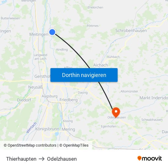 Thierhaupten to Odelzhausen map