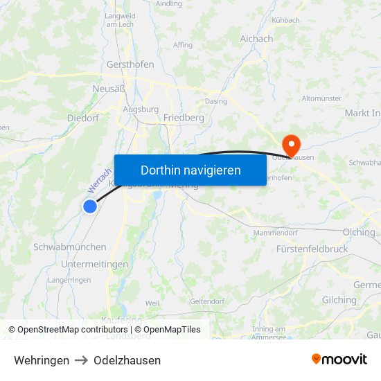 Wehringen to Odelzhausen map
