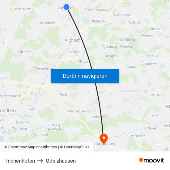 Inchenhofen to Odelzhausen map