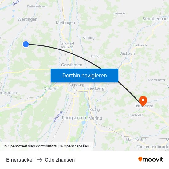 Emersacker to Odelzhausen map