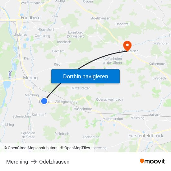 Merching to Odelzhausen map