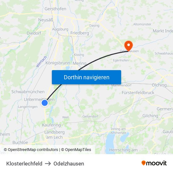 Klosterlechfeld to Odelzhausen map