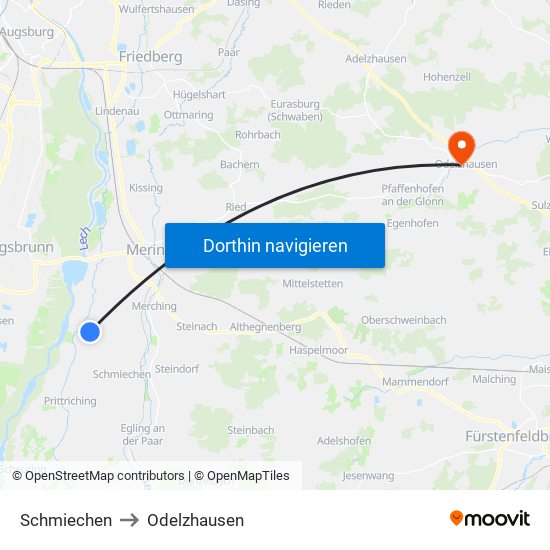 Schmiechen to Odelzhausen map