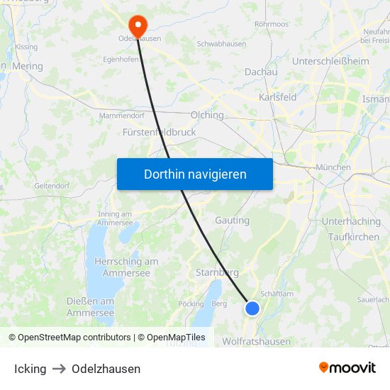 Icking to Odelzhausen map