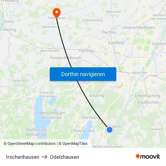 Irschenhausen to Odelzhausen map