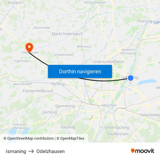 Ismaning to Odelzhausen map