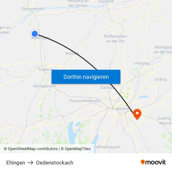 Ehingen to Oedenstockach map