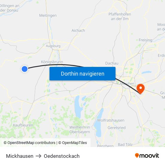 Mickhausen to Oedenstockach map