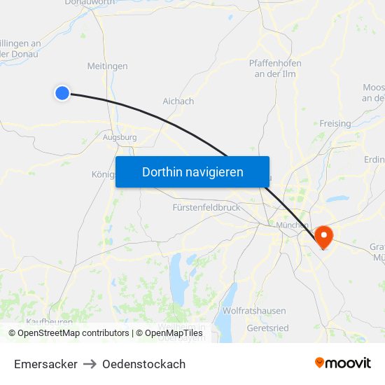 Emersacker to Oedenstockach map