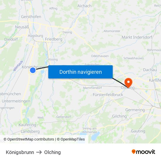 Königsbrunn to Olching map