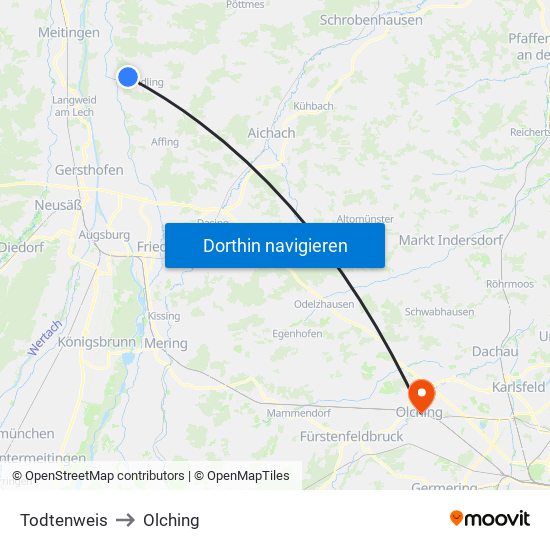 Todtenweis to Olching map