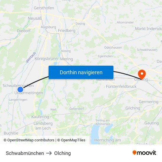 Schwabmünchen to Olching map