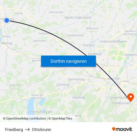 Friedberg to Ottobrunn map