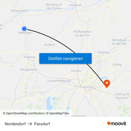 Nordendorf to Parsdorf map