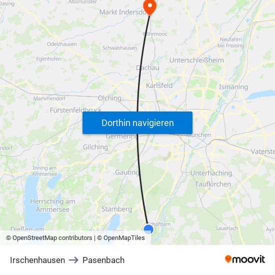 Irschenhausen to Pasenbach map