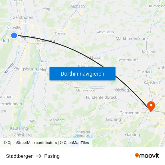 Stadtbergen to Pasing map