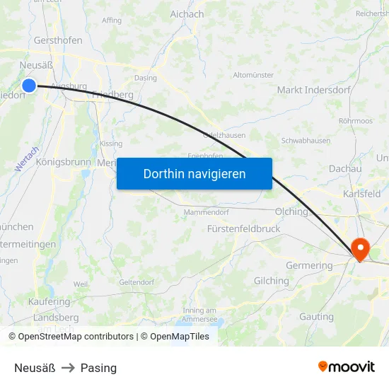 Neusäß to Pasing map