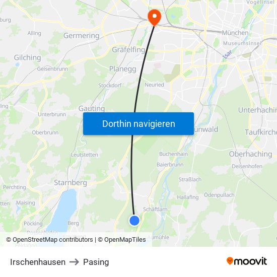 Irschenhausen to Pasing map