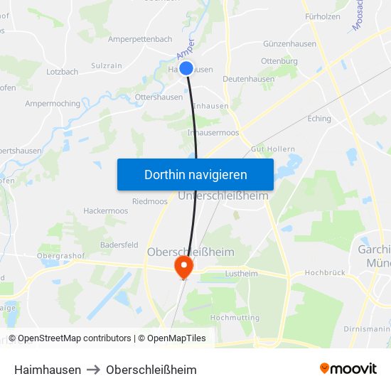 Haimhausen to Oberschleißheim map