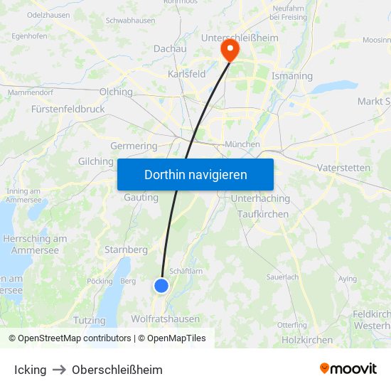 Icking to Oberschleißheim map