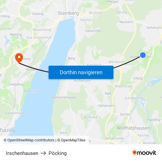 Irschenhausen to Pöcking map
