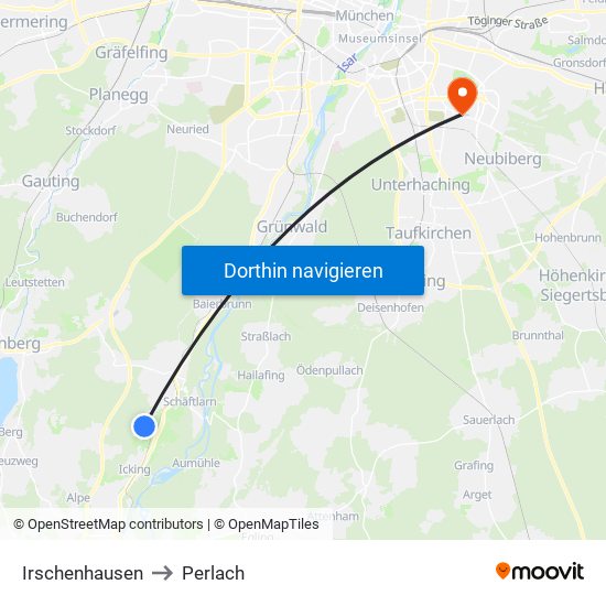 Irschenhausen to Perlach map