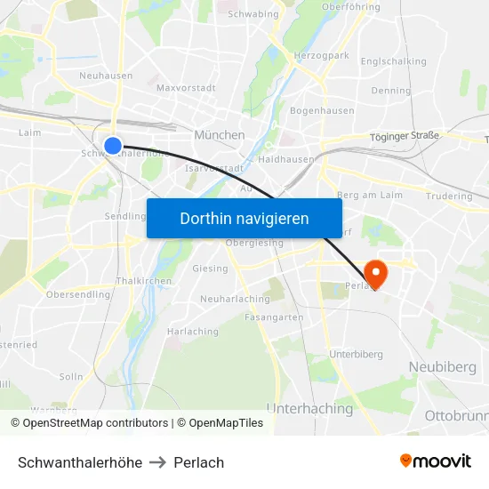 Schwanthalerhöhe to Perlach map