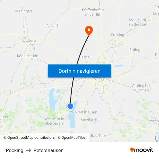 Pöcking to Petershausen map