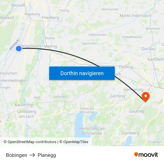 Bobingen to Planegg map