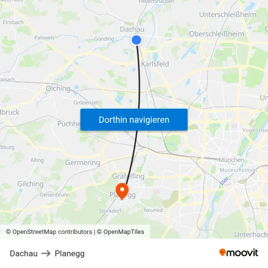 Dachau to Planegg map
