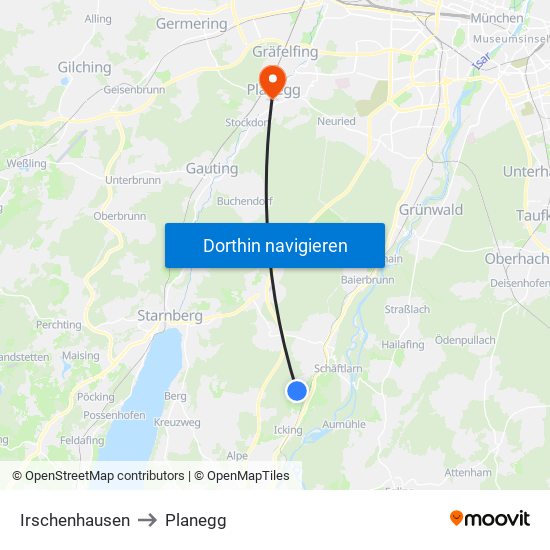 Irschenhausen to Planegg map