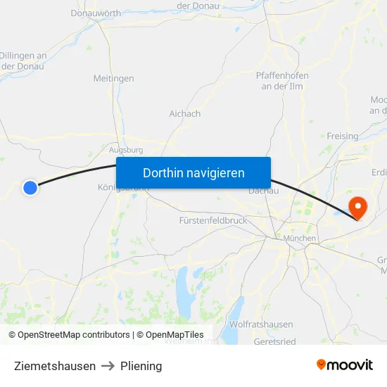 Ziemetshausen to Pliening map