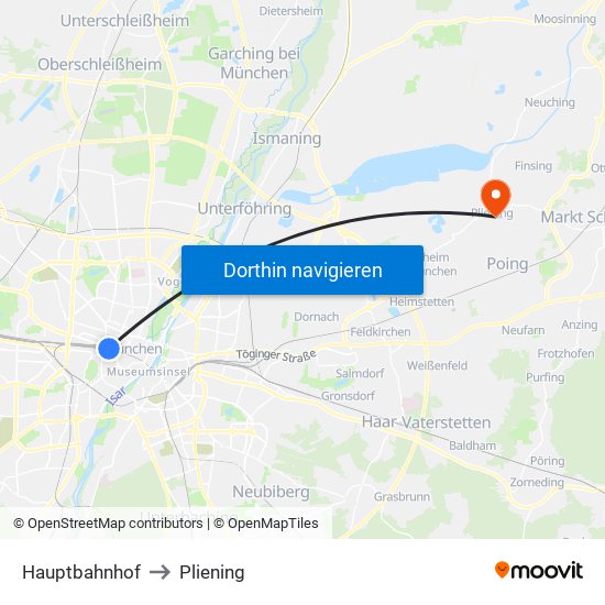 Hauptbahnhof to Pliening map