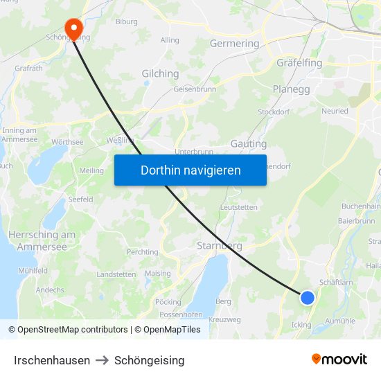 Irschenhausen to Schöngeising map