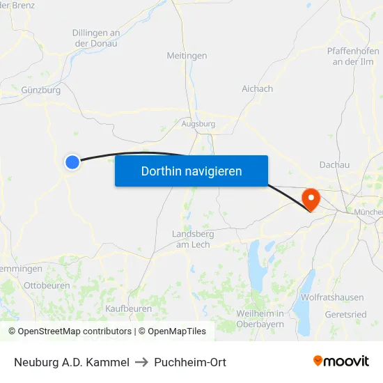 Neuburg A.D. Kammel to Puchheim-Ort map