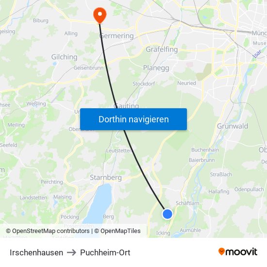 Irschenhausen to Puchheim-Ort map