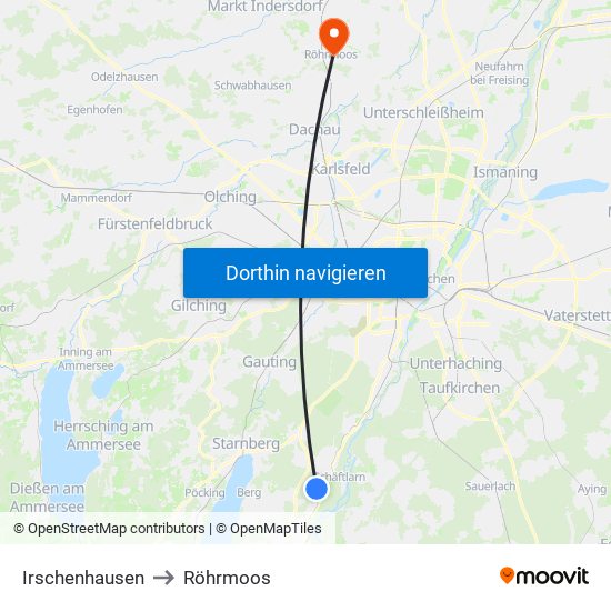 Irschenhausen to Röhrmoos map